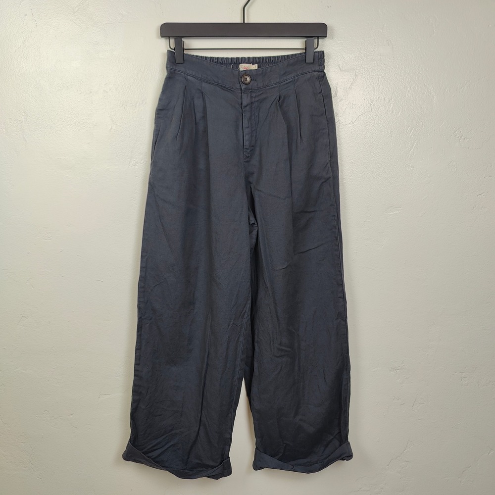 Faherty Pants Womens 4 Blue Pleated Wide Leg Organic Cotton Linen Coastal Chic - Picture 2 of 9